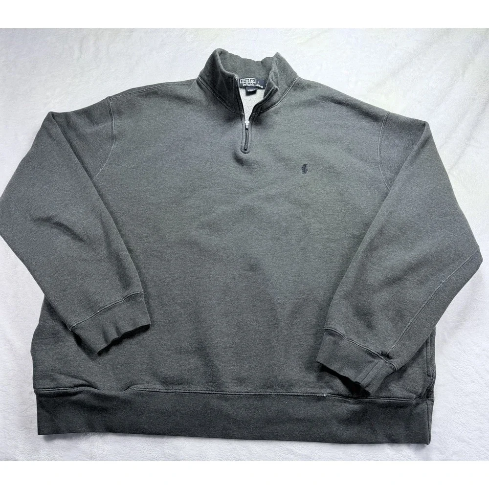 VTG Polo Ralph Lauren Men 1/4 Zip Sweatshirt Gray Fleece Pullover Distressed XXL